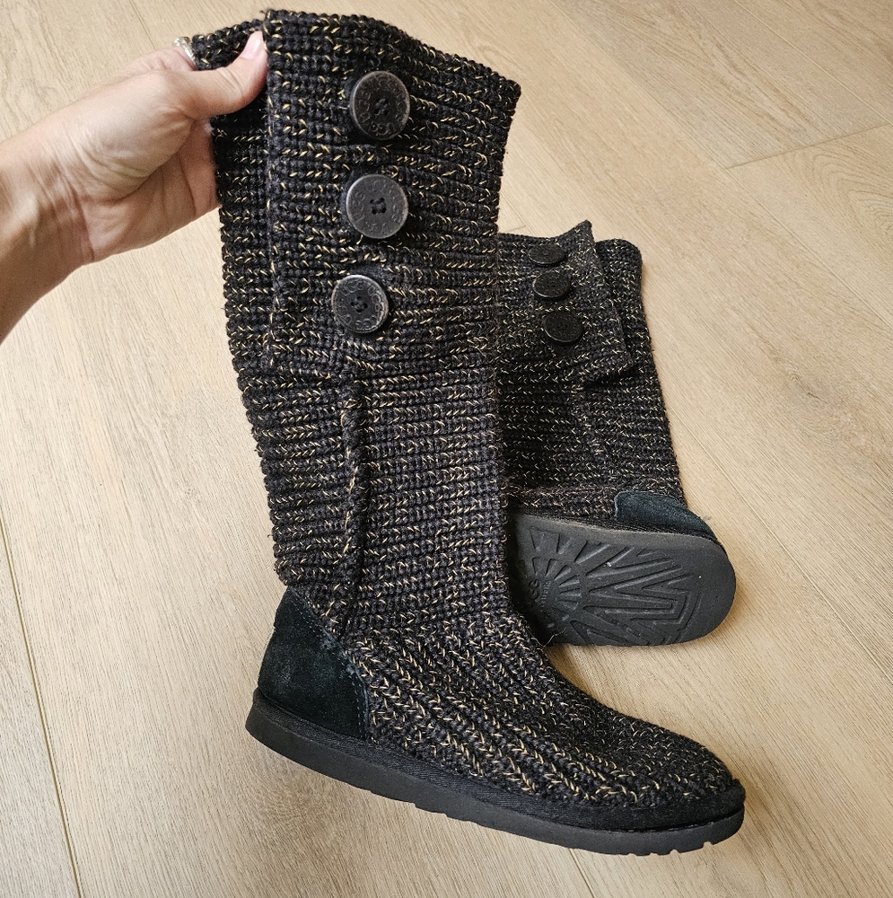 UGG VTG y2k Classic Cardy Black Gold Metallic Tall Button Knit Boots - Picture 5 of 9